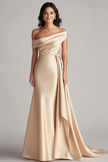 Zapaka Women Champagne Satin Long Formal Dress Ruched Off The Shoulder Sheath Wedding Guest Dress